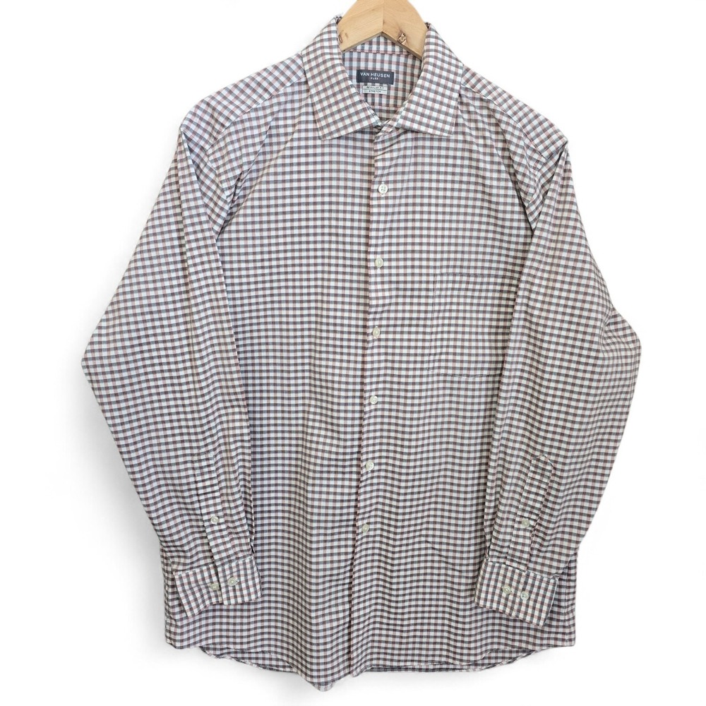 Van Heusen Dress Shirt Mens 16 32/33‎ Button Regular Fit Flex Stretch Gray Red